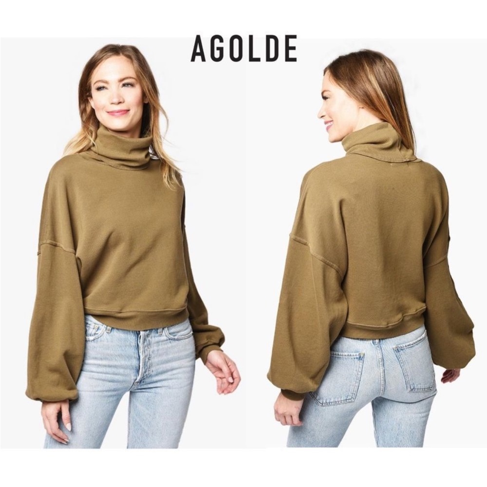 Agolde Olive Green Balloon Sleeve Turtleneck Sweatshirt
